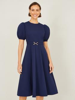 Yumi Buckle Waist Puff Sleeve Dress, Navy, Navy