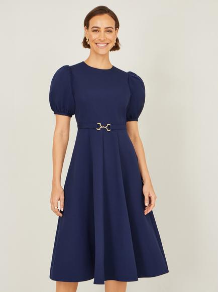 Yumi Puff Sleeves And Buckle Skater Dress, Navy