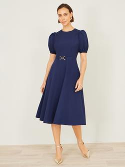 Yumi Buckle Waist Puff Sleeve Dress, Navy - view 2, Navy