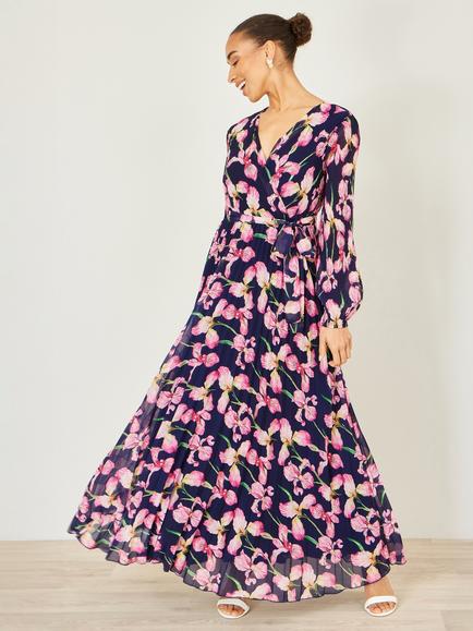 Yumi Orchid Floral Pleated Wrap Maxi Dress, Navy