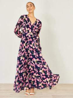 Yumi Orchid Floral Pleated Wrap Maxi Dress, Navy - view 2, Navy