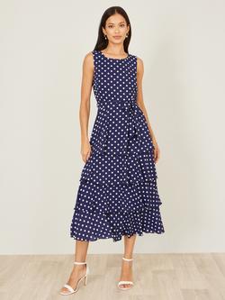 Yumi  Spot Tiered Midi Dress, Navy - view 2, Navy