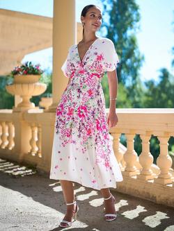 Yumi Floral Ruched Waist Midi Dress, Pink, Pink