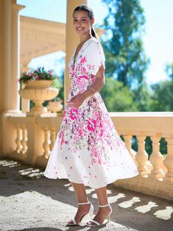 Yumi Floral Ruched Waist Midi Dress, Pink - view 2, Pink