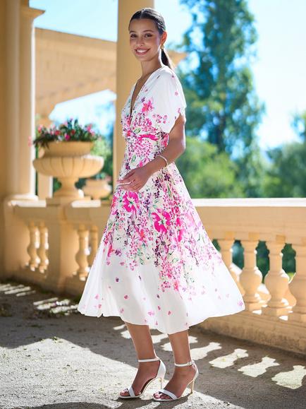 Yumi Floral Ruched Waist Midi Dress, Pink - view 2, Pink