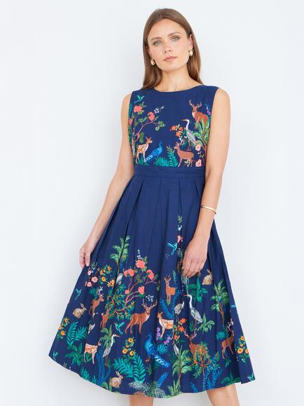 Yumi Woodland Sleeveless Midi Dress, Navy, Navy