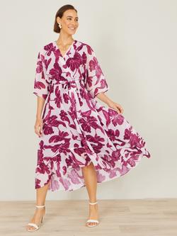 Yumi Floral Kimono Dip Hem Dress, Pink - view 2, Pink