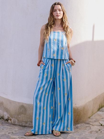Nobody's Child Elizabeth Scarlett Jerrow Linen Rich Stripe Sun Trousers, Blue, Blue