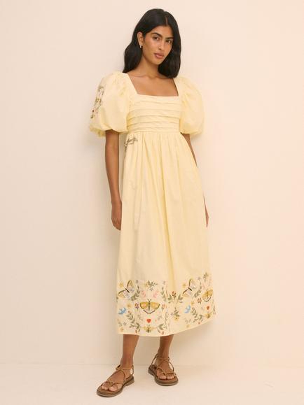Nobody's Child Elizabeth Scarlett Nova Embroidered Midi Dress, Yellow, Yellow