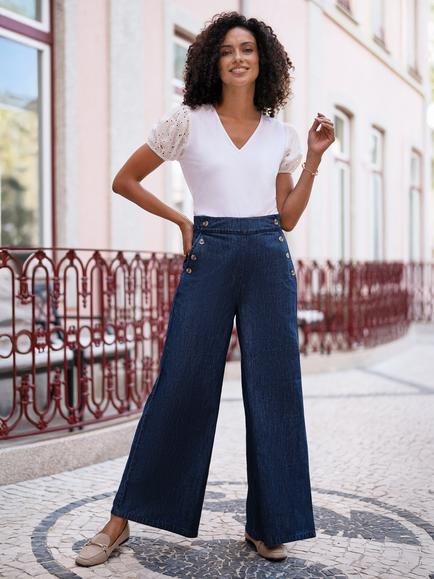 Yumi High Rise Button Detail Wide Leg Trousers, Blue, Blue
