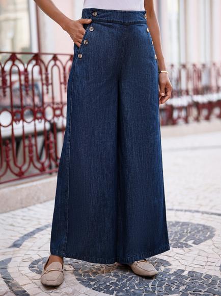 Yumi High Rise Button Detail Wide Leg Trousers, Blue - view 2, Blue