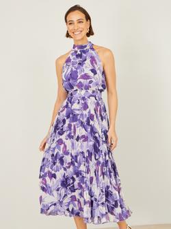 Yumi Halterneck Abstract Floral Midi Dress, Purple, Purple