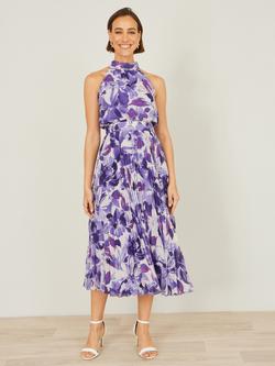 Yumi Halterneck Abstract Floral Midi Dress, Purple - view 2, Purple