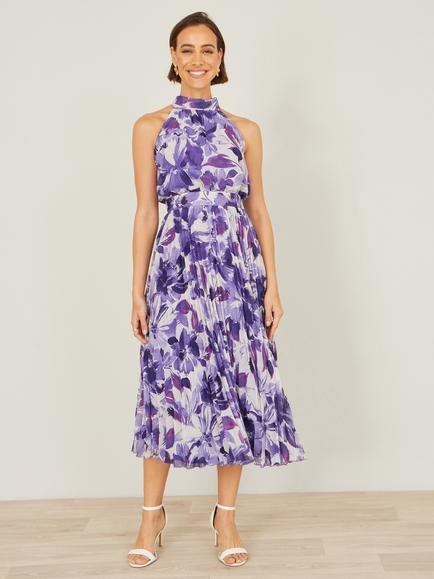 Yumi Halterneck Abstract Floral Midi Dress, Purple - view 2, Purple