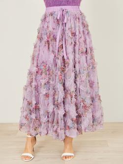 Yumi Floral Ruffle Mesh Midi Skirt, Lilac - view 2, Lilac