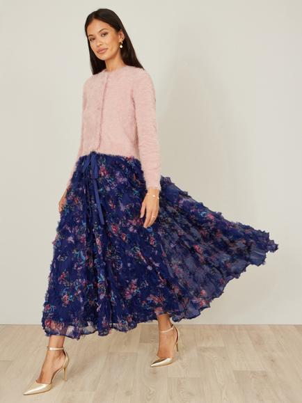 Yumi Floral Ruffle Mesh Midi Skirt, Navy