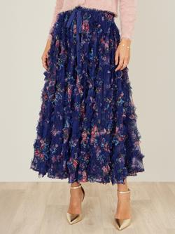 Yumi Floral Ruffle Mesh Skirt, Navy - view 2, Navy