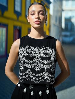 Yumi Embroidered Floral Crop Top, Black, Black