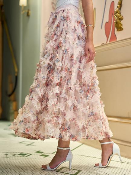 Yumi Floral Ruffle Mesh Midi Skirt - view 2, Ivory
