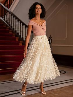 Yumi Mesh Floral Applique Midi Skirt, Ivory, Ivory