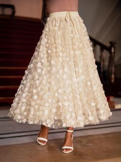 Yumi Mesh Floral Applique Midi Skirt, Ivory - view 2, Ivory