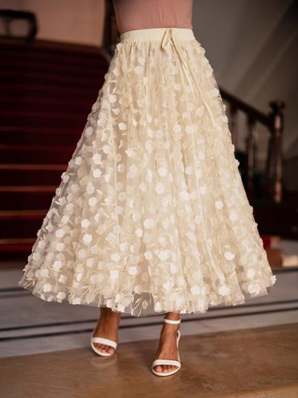 Yumi Mesh Floral Applique Midi Skirt - view 2, Ivory