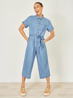 Yumi Button Down Denim Jumpsuit, Light Blue - view 2, Light Blue