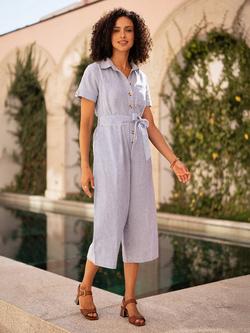 Yumi Pinstripe Tie Waist Jumpsuit, Blue - view 2, Blue