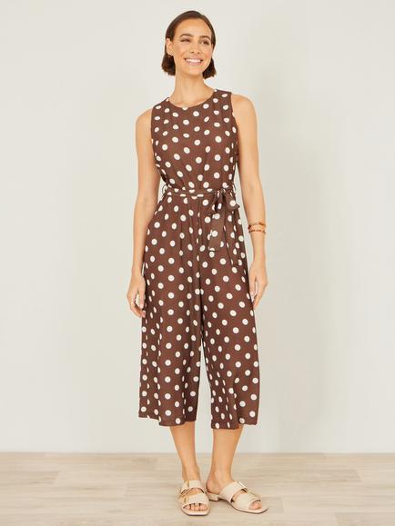 Yumi Polka Dot Tie Waist Jumpsuit, Brown - view 2, Brown