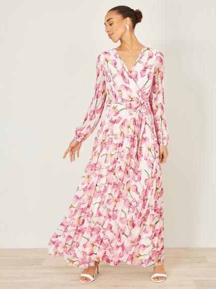 Yumi Orchid Floral Pleated Wrap Maxi Dress, Ivory