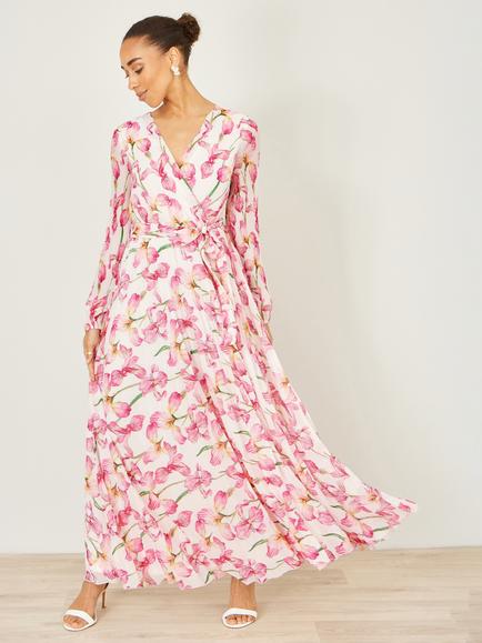 Yumi Orchid Floral Pleated Wrap Maxi Dress - view 2, Ivory