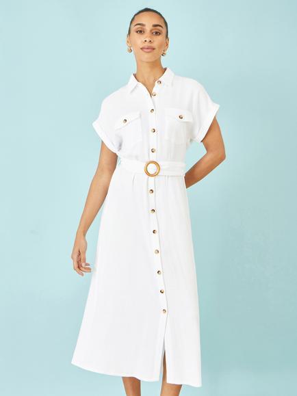 Yumi Belted Shirt Midi Dress, White