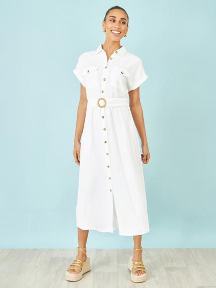 Yumi Belted Shirt Midi Dress - view 2, White