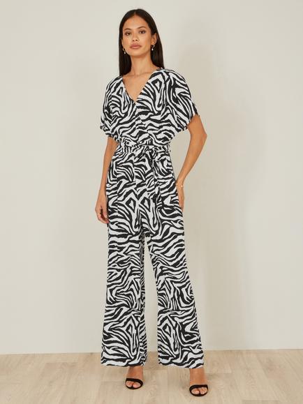 Yumi Zebra Print Wide Leg Jumpsuit, Black, Black