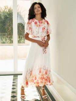 Yumi Mirror Floral Design Pleated Midi Dress, White - view 2, White