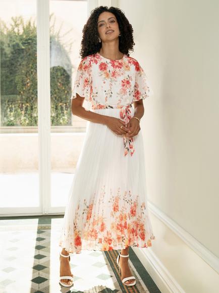 Yumi Mirror Floral Design Pleated Midi Dress, White - view 2, White