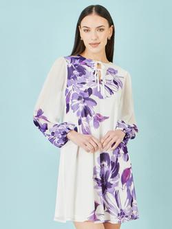 Yumi Floral Placement Mini Tunic Dress, Purple, Purple