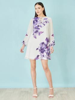 Yumi Floral Placement Mini Tunic Dress, Purple - view 2, Purple