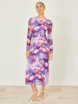 Yumi Floral Mesh Midi Dress, Purple, Purple