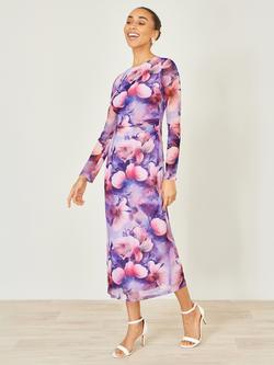 Yumi Floral Mesh Midi Dress, Purple - view 2, Purple