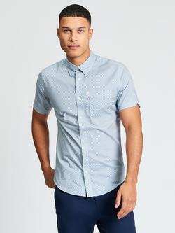 Ben Sherman Cotton Block Geo Print Short Sleeve Shirt, Blue/White, Blue/White