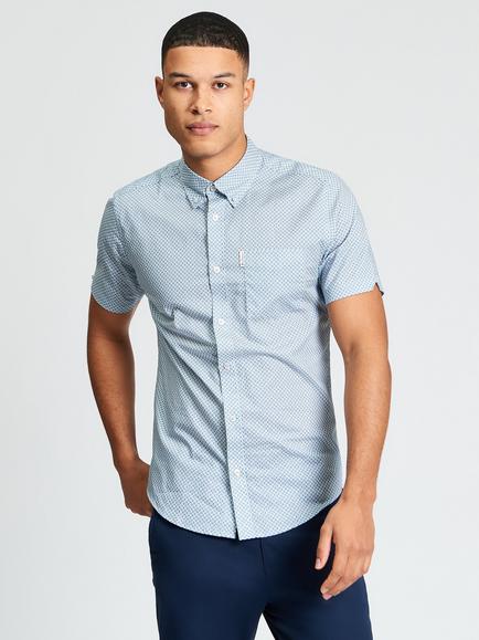 Ben Sherman Cotton Block Geo Print Short Sleeve Shirt, Blue/White, Blue/White