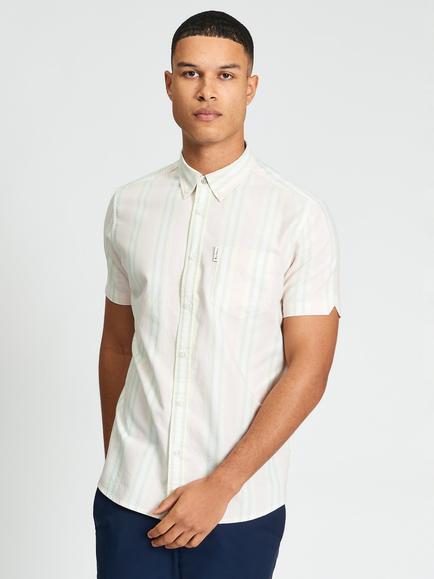 Ben Sherman Cotton Block Oxford Stripe Short Sleeve Shirt, Blush Pink/Multi, Blush Pink/Multi