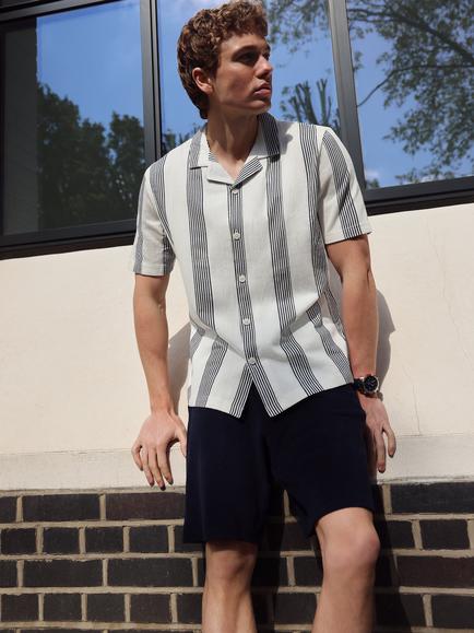 Ben Sherman Striped Textured Cotton Short Sleeve Polo Shirt, Snow White/Blue, Snow White/Blue