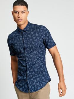Ben Sherman Cotton Floral Geo Print Short Sleeve Shirt, Dark Navy, Dark Navy