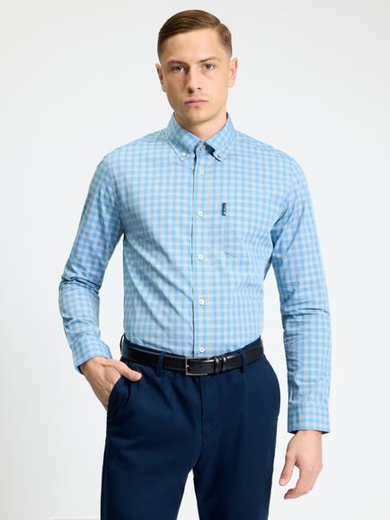Ben Sherman Cotton Linear Gingham Long Sleeve Shirt, Lake Blue, Lake Blue