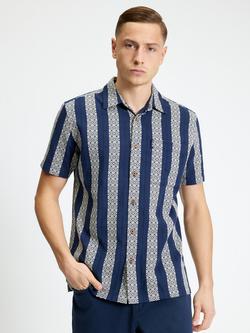 Ben Sherman Block Geo Jacquard Stripe Short Sleeve Cotton Shirt, Twilight Denim, Twilight Denim