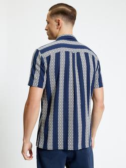 Ben Sherman Block Geo Jacquard Stripe Short Sleeve Cotton Shirt, Twilight Denim - view 2, Twilight Denim