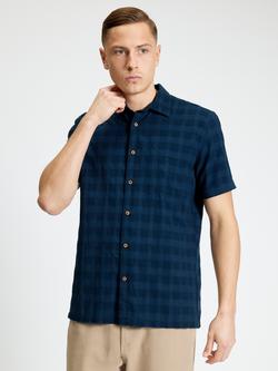 Ben Sherman Cotton Dobby Grid Check Short Sleeve Shirt, Dark Navy, Dark Navy