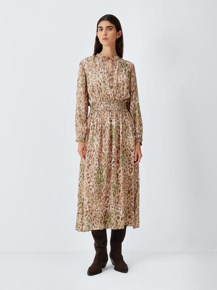AND/OR Eva Tie Neck Leopard Print Midi Dress, Leopard/Multi, Leopard Multi